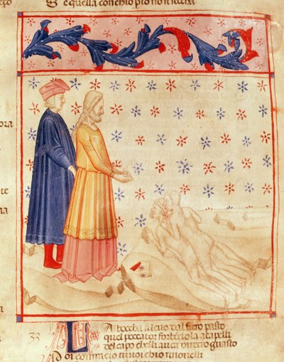 Dante og Virgil (70–19 f.Kr.) oppdager grev Ugolino, fra «Den guddommelige komedie» av Dante Alighieri (1265–1321) (vellum) av Italian School