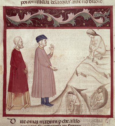 Dante og Virgil (70-19 f.Kr.) møter sjelene som er fengslet i klippene, fra The Divine Comedy av Dante Alighieri (1265-1321) av Italian School