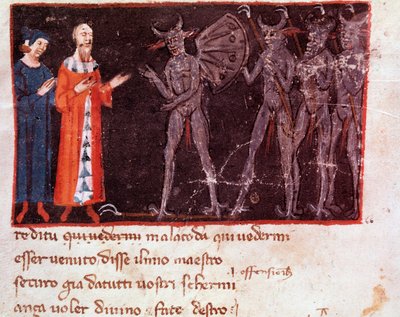 Dante og Virgil snakker med Malacoda, leder for Malebranche-skvadronene (sang 21 fra Hell, in the Divine Comedy) - miniatyr av Italian School