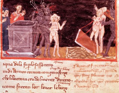 Dante og Virgil omgitt av hallikene og forførerne (sang 18 fra Hell, in the Divine Comedy) - Miniatyr av Italian School