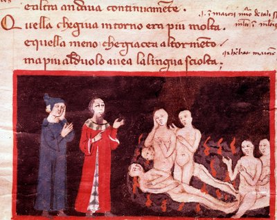 Dante et Virgil omgitt av voldsmennene (sang 14 fra helvete, i den guddommelige komedie) - miniatyr 1300-tallet av Italian School