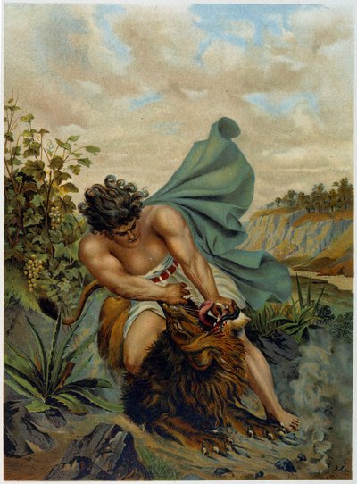 David kjemper mot en løve i «Golden classic Bible: history of divine openbaring in the old and in the new striving» av Giovanni Ladislao Sykora (vol. 1), oversatt av Don Clemente Benetti. (italiensk bibel) av Italian School