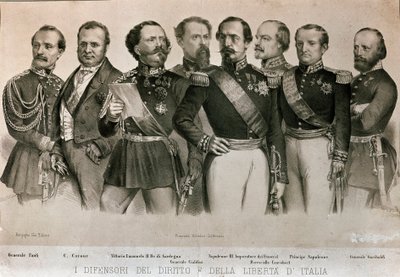 General Manfredo Fanti (1806-1855), Camillo Benso, greve av Cavour (1810-1861), konge av Sardinia Vittorio Emanuele II (Victor Emmanuel) (Victor Emmanuel), general Henry Cialdini (1811-1892), E av Italian School