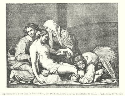 Deponering av korset kjent som La Pieta di Luco, av Del Sarte, malt for Camaldolese of Lucco, Collections of Florence (gravering) av Italian School