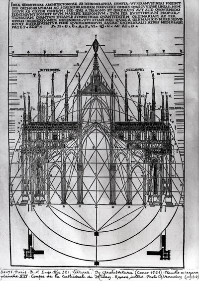 Design for katedralen i Milano, illustrasjon fra De Architectura av Vitruvius, Como, 1521 av Italian School