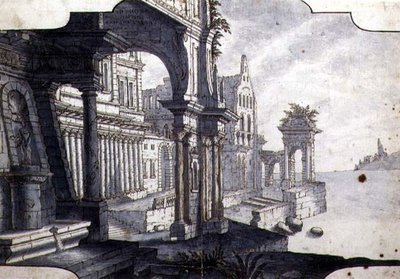 Design for et scenesett, ca. 1750 (penn og blekk og akvarell på papir) av Italian School