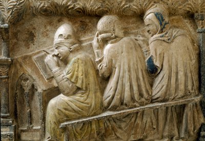 Detalj som representerer studenter som følger kurset til Bonifacio Galluzzi (Grave slab, ca. 1346) av Italian School