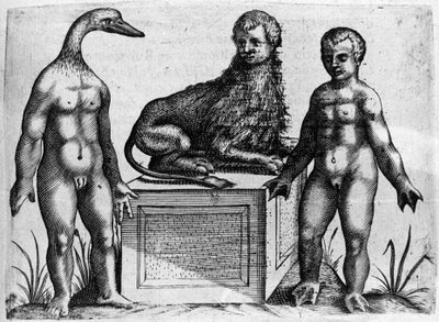 Ulike typer menneskelige monstre: en mann med hodet til en and, en mann med kroppen til en løve og en annen med håndflate. Gravering fra "De monstrorum natura, causis et differentiis" av Fortunio Liceti (1577-1656), italiensk vitenskapsmann. 1646 av Italian School
