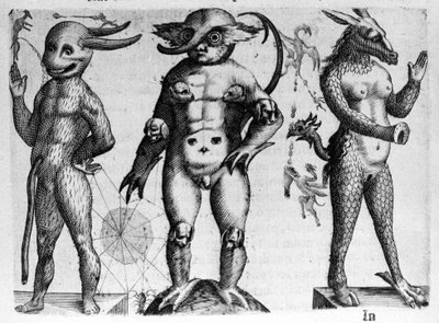 Ulike typer menneskelige monstre med halvt menneske, halvt dyrekropper. Gravering fra "Monstrenes natur, deres årsaker og forskjeller" av Fortunio Selvomi (1577-1656), italiensk vitenskapsmann. 1646 av Italian School