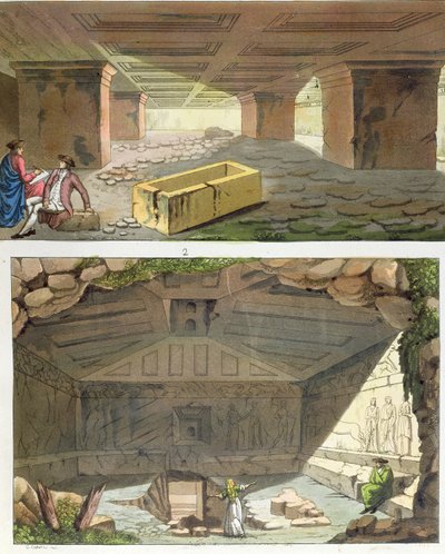 Oppdagelse av etruskiske graver, ca. 1820 (fargegravering) av Italian School