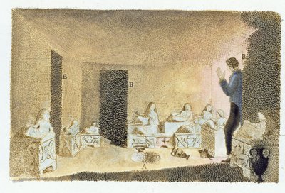 Oppdagelsen av etruskiske graver. illustrasjon fra Monumenti Etruschi av Francesco Inghirami (1772-1846), utgitt på Fiesole, 1825 (fargegravering) av Italian School