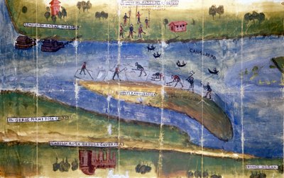 Tvist om retten til å høste is mellom innbyggerne i elven Po. 1535. Milano, Riksarkivet. av Italian School