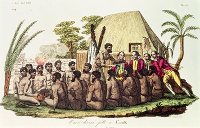Guddommelige tilbud til kaptein Cook (1728-79) på Sandwichøyene (farget gravering) av Italian School