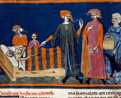 Legger til kai ved sengen til en syk miniatyr av den florentinske skolen fra en utvidelsesutgave av "Pater noster" av Ser Zucchero Bencivenni (MS.II.VI 16) begynnelsen av 1300-tallet Firenze, nasjonalbiblioteket av Italian School