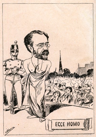 Dreyfus-sak - Emile Zola - Ecce Homo - Un nouveau christ etter 1897 år - Tegning publisert i den italienske avisen "Il Fischietto"" i 1898 (gjengitt i Le Rire av Italian School