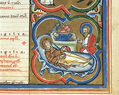 Elizabethansk kalender, desember, fødselsdag (penn og blekk, tempera og bladgull på vellum) av Italian School