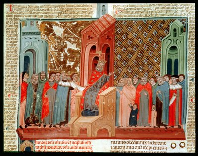 Keiser Justinian (483-565) og hoffet hans, fra Justinianus Istitutiones av Italian School