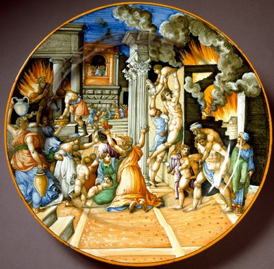 Enee og hans far Anchise under den trojanske brannen Keramisk plate produsert i Urbino, Italia. 1560 rundt Firenze, Museo Nazionale del Bargello - Aeneas og hans far Anchises under brenningen av Troja. Keramisk plate fra Urbino. Cirka 1560. Nasjonalmuse av Italian School