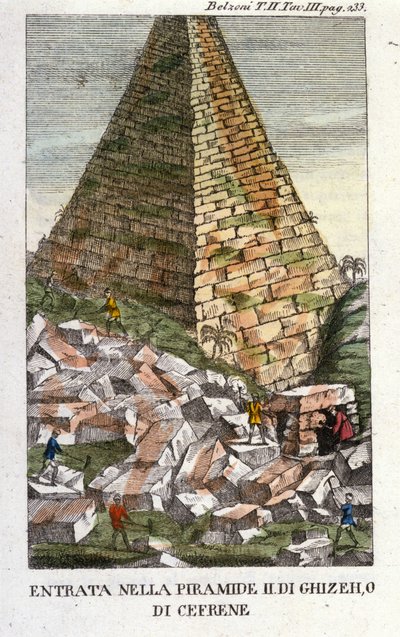 Inngangen til Belzoni i Guizeh-pyramiden (Guiseh, Giza, Giza) eller Chephren (det gamle imperiet). Giovanni Battista (Gianbattista) Belzoni (1778-1823), italiensk oppdagelsesreisende og arkeolog, har gjort viktige arkeologiske funn i Egypt. Gravering - i " av Italian School