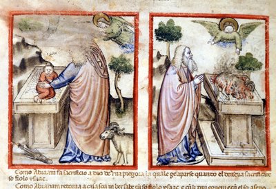 Episode av Isaacs offer av Abraham. Miniatyr fra Codex 212 (eller Paduan Codex eller Bible of Padua) 1390-1400 Rovigo, Accademia dei Concordi av Italian School