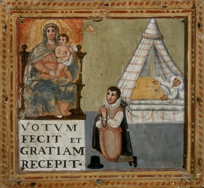 Ex-voto som viser en mann som takker jomfruen på knærne for å ha blitt helbredet fra en sykdom, 1604 av Italian School