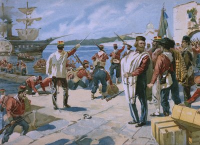 Expedition of the Thousand under ledelse av Giuseppe Garibaldi, landing i Marsala, Sicilia, 1860, illustrasjon fra et album om Risorgimentos historie laget for sjokoladen Talmone, sent av Italian School