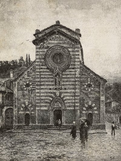 Fasade av Bellano-katedralen, Comosjøen, Italia, gravering fra tegning av Quinto Michetti, fra L'Illustration Italiana, nr. 41, oktober av Italian School