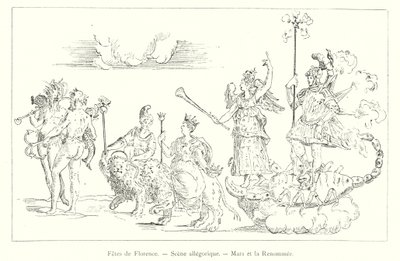 Fester i Firenze, allegorisk scene, Mars og berømmelse (gravering) av Italian School