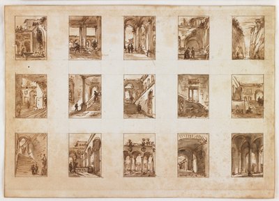 Femten miniatyrarkitektoniske og italienske utsikter (penn og brunt blekk med vask over grafitt på papir) av Italian School