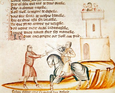 Kamp mellom en ridende soldat og en soldat til fots, fra Codex Entree dEspagne av Italian School