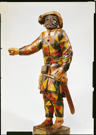 Figur av Harlekin fra Seraphin Theatre (polykromt tre) av Italian School