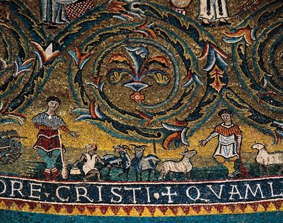 Figurer av hyrder og dyr, detalj fra Triumph of Cross fra medaljong av apsis (mosaikk) av Italian School
