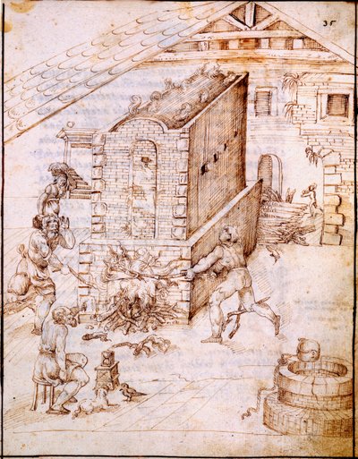 Fire an Early Kiln, ca. 1630-tallet (manuskript vellum) av Italian School