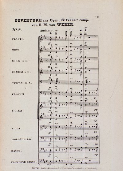Første side av ouvertyren til operaen "Silvana" av Karl Maria von Weber (litho) av Italian School