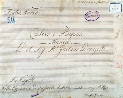Første side med partitur fra operaen "Olivo e Pasquale", av Gaetano Donizetti (blekk på papir) av Italian School
