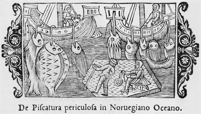 Fiske i Norskehavet, illustrasjon fra History of the Northern Nations av Olaus Magnus (1490-1558), publisert i Roma, 1555 av Italian School