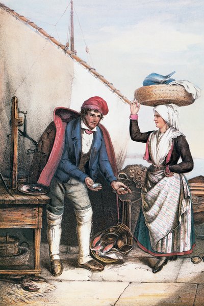 Fiskehandler og bonde, illustrasjon fra Costumes of Istria, Italia av Italian School