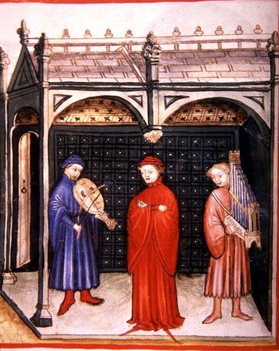 Fol.103v En sanger akkompagnert av orgel og et strykeinstrument, illustrasjon fra 