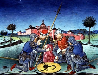 Fol.118v Soldater kaster lodd om Kristi tunika (vellum) av Italian School