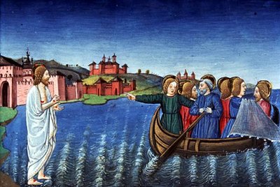 Fol.134r Disiplene fisker i Galileasjøen (vellum) av Italian School
