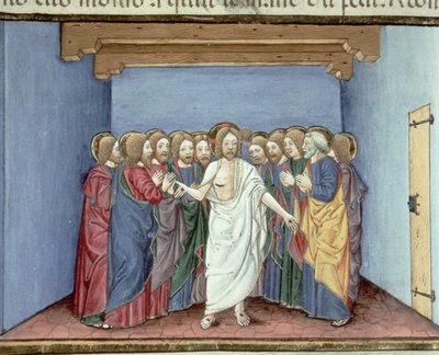Fol.135v Jesus viser seg for disiplene samlet under ett tak i frykt for dommerne (vellum) av Italian School