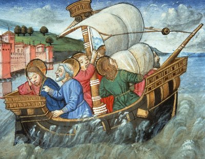 Fol.49v Storm i Tiberhavet (vellum) av Italian School
