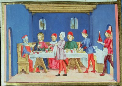 Fol.75v Jesus under måltidet i fariseerens hus spør om han får lov til å helbrede på sabbaten (vellum) av Italian School