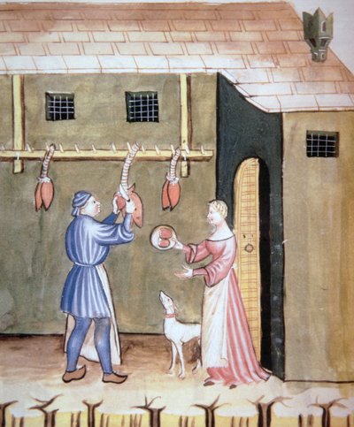Fol.78v The Butchers: Selling Animal Hearts, fra Tacuinum Sanitatis Codex Vindobonensis av Italian School