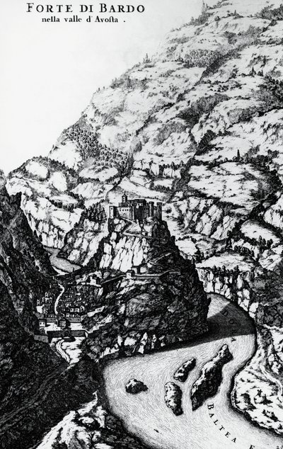 Fort Bard, gravering fra The Savoy Theatre av Italian School