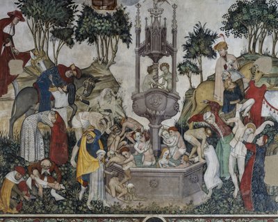 Fountain of Youth, detalj fra Fountain of Youth, freskomaleri i Baronial Hall, Castle of Manta, Saluzzo, Piemonte, Italia av Italian School