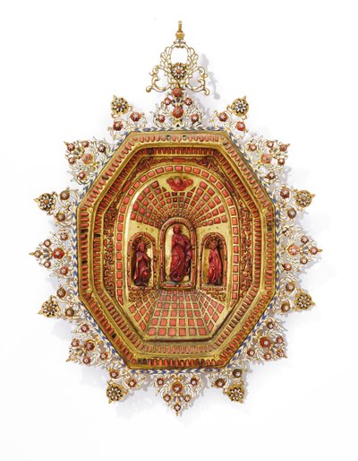 Ramme som viser Jomfru Maria, Trapani, tidlig på 1600-tallet (forgylt kobber, emalje og koraller) av Italian School