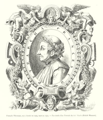 Francois Petrarque, født i Arezzo i 1304, død i 1374, faksimile av et 1500-tallsportrett, British Museum (gravering) av Italian School