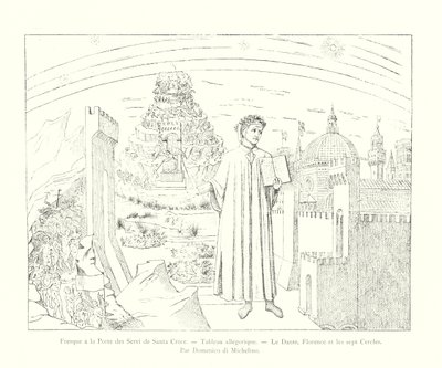 Fresco ved døren til Servi av Santa Croce, Allegorisk maleri, Dante, Firenze og de syv sirkler, av Domenico di Michelino (gravering) av Italian School