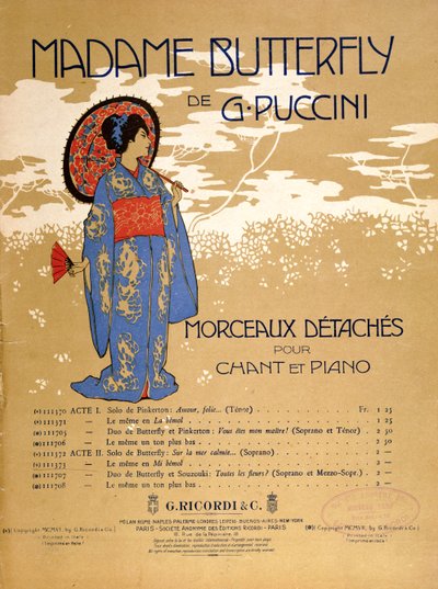 Forsiden av et partiturark for utdrag fra «Madame Butterfly» av Giacomo Puccini (1858–1924) 1906 (fargelitografi) av Italian School